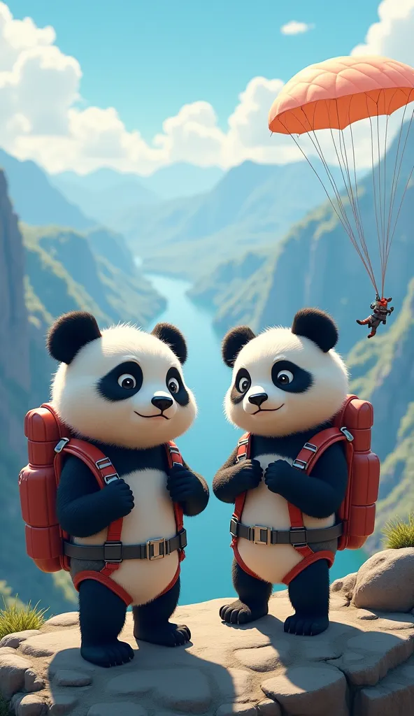  Two adventurous cartoon pandas are standing on the edge of a tall mountain, preparing for their big parachute jump. They are wearing professional parachute backpacks, adjusting the straps and making sure everything is ready. The wind is strong, ruffling t...