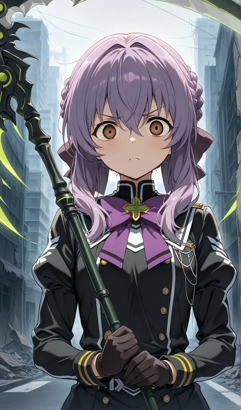 ( Masterpiece ), best quality, expressive eyes, purple hair, braid,  bun hair , shinoa hiragi the last seraph,  brown eyes , alert face, blushes, perfect face focused,1girl, , middle chest,Glare in the eyes, mouth open,  looks at the viewer with a serious ...