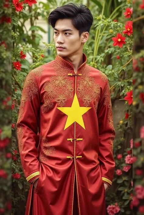 Vietnamese man wearing traditional red ao dai with a yellow star in the middle symbolizing the Vietnamese flag.