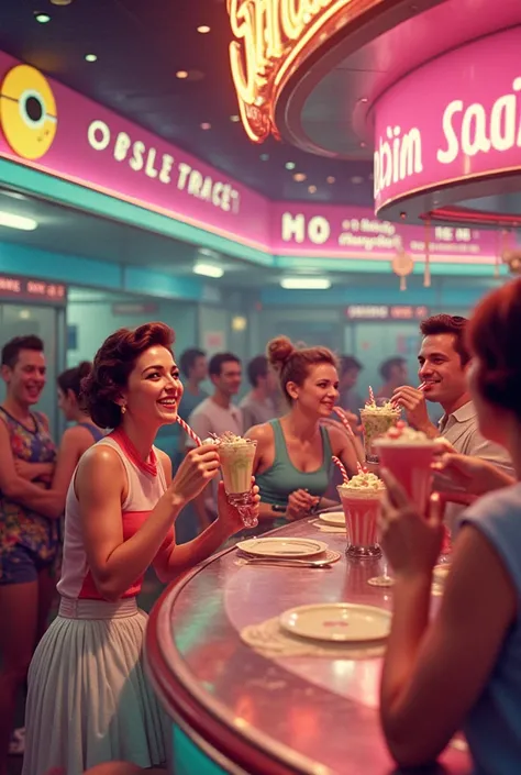 A 1950s soda shop where the milkshakes are bottomless, the straws are made of licorice, and the counter spins like a carousel, a vibrant, retro-futuristic style --style raw --v 6.1