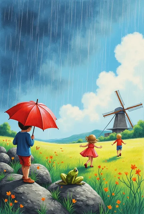 drawing with colored pencils, rain and wind blowing, umbrella turned the other way and carried away by the wind, a frog is sitting on the rock, a boy and a girl run along the field, and far away there is a mill, bright colors