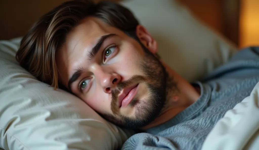 man with short straight brown hair, 30-year-old short beard youth-looking. Lying in bed with an open eye, hyperrealistic gray t-shirt
