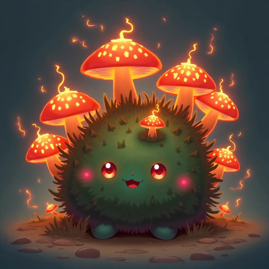 Make me a pokemon that is a bush with fire type mushrooms  without legs and with small eyes