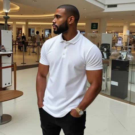 South African black male aged 26-year-old with no beard and a buzz cut low fade - well built with bald head with a small goatee beard, well built wearing a black denim with a white Golf T-shirt and a single gold wrist watch. In the mall