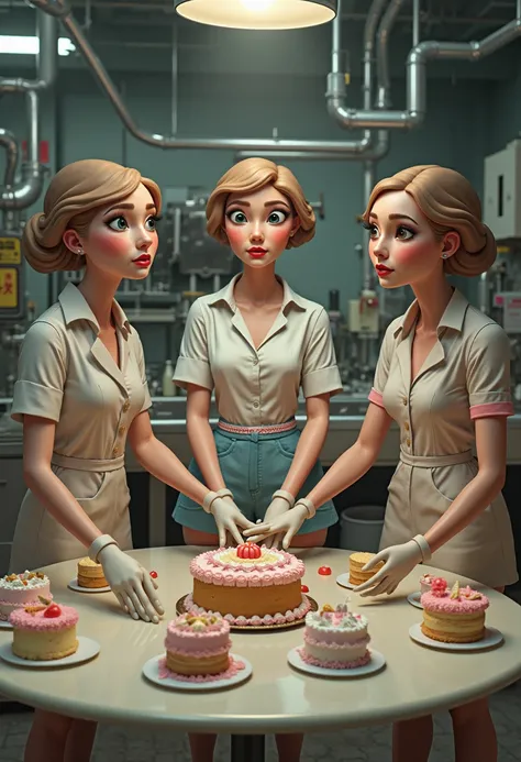 Create three women making cakes with touch protection and one of them wearing shorts dressed as a man as in a factory 