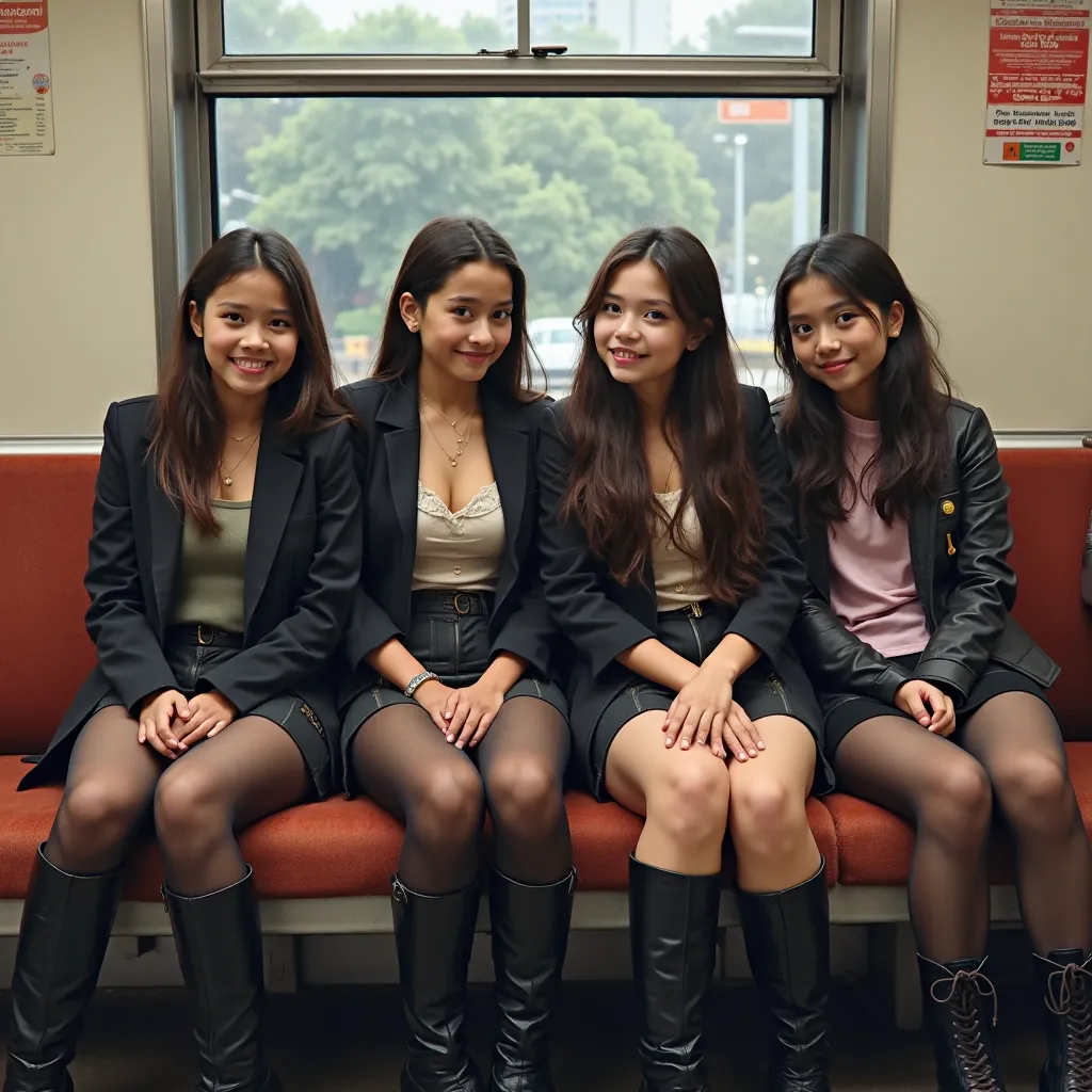 four arabic 8years girls sitting on train seat, View Photographer, whole body, (Smiling at the photographer), tight skirt, High boots, Clothes that show the open chest、Thin and long elbows、(wearing a open breast top, mini transparent skirt, black pantyhose...