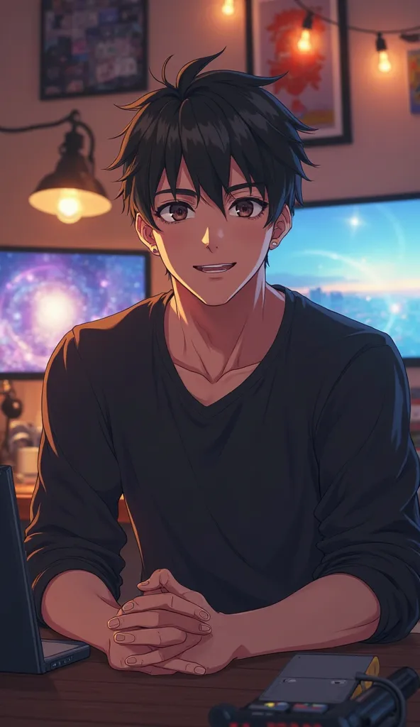 Create a anime boy who have a  mature looking like a man facing in front he is a  YouTube content creator, sitting in his studio and wearing black shirt, smiling