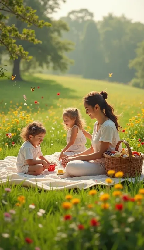 "A beautiful green field with very short, well-maintained grass, dotted with small yellow and red flowers. The mother is sitting on a picnic blanket in the center of the field, surrounded by a picnic basket. Two ren, a girl and a boy, are standing and play...