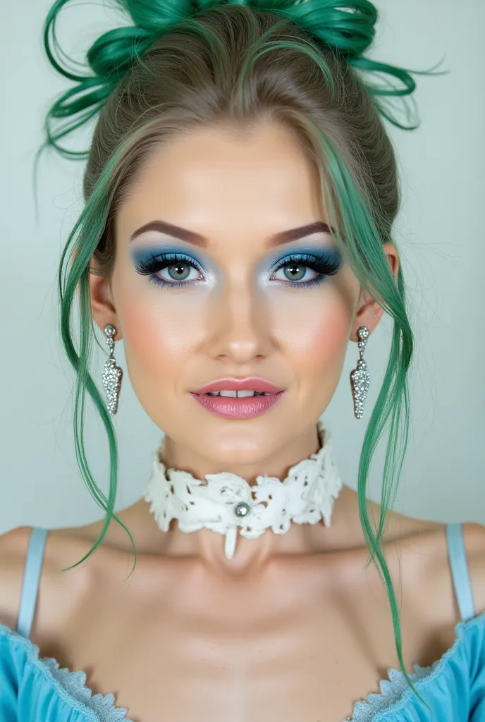 incredibly long and voluminous eyelash extensions, laughter, bright blue shadows,  green hair,  hair bun , white ribbon collar,  diamond earrings , blue lips, looking at camera