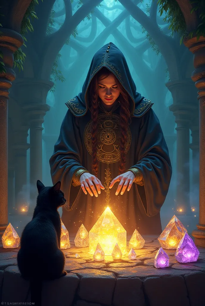 The Alchemist and the Mysterious World　Witches have crystal treasures　The blinding light is overflowing　A beautiful black cat staring at it　fantasy art style