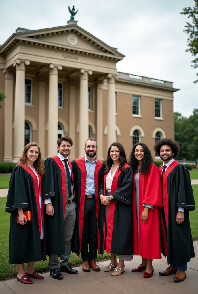 Photos of students in front of the university building in happy robes 