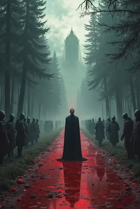 A mysterious prince sadly locks himself in the middle of a bloody road separating the forest from the kingdom With warrior heroes around him and the image of a king in the sky as if it were a memory