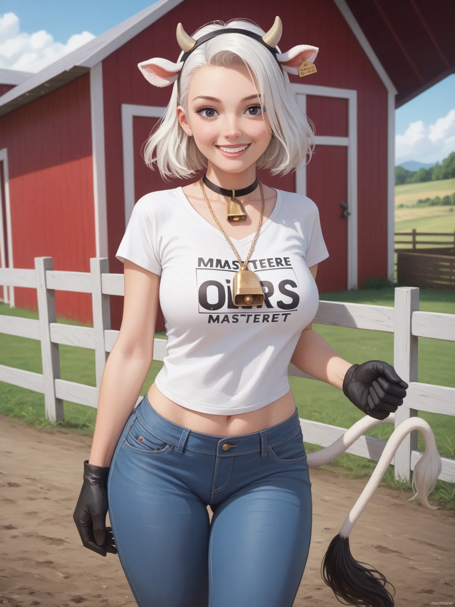 (date:20250228, By:Joulios) ((Best Quality)), ((masterpiece)), (detailed), 1 girl, short white hair, black locks, black eyes, cow ears, cow horns, big breasts, big thighs:1.4, waist, cow tail, expression smiling, long tight blue dungarees pants, White T-sh...