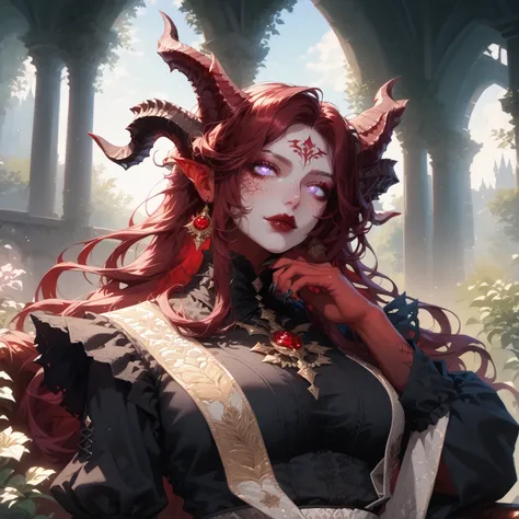 ((Masterpiece, oil painting style)) Demon, female, curvy:1.2, soft belly, medium breasts, vibrant red skin, dark red hair, red hair, long hair, silky hair, horns on head, long horns curving back and up, big horns curving down and up, hooves, round face, de...