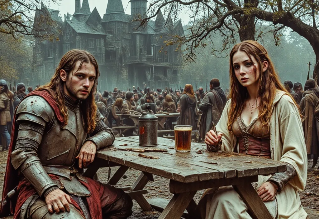 2 people sitting at a table in a crowded, rowdy medieval beergarden: Person 1: A haggard, Caucasian male knight in dented, blood-streaked platemail armor sitting at a scarred picnic table in a crowded, rowdy medieval beergarden, shaven brown hair crewcut m...