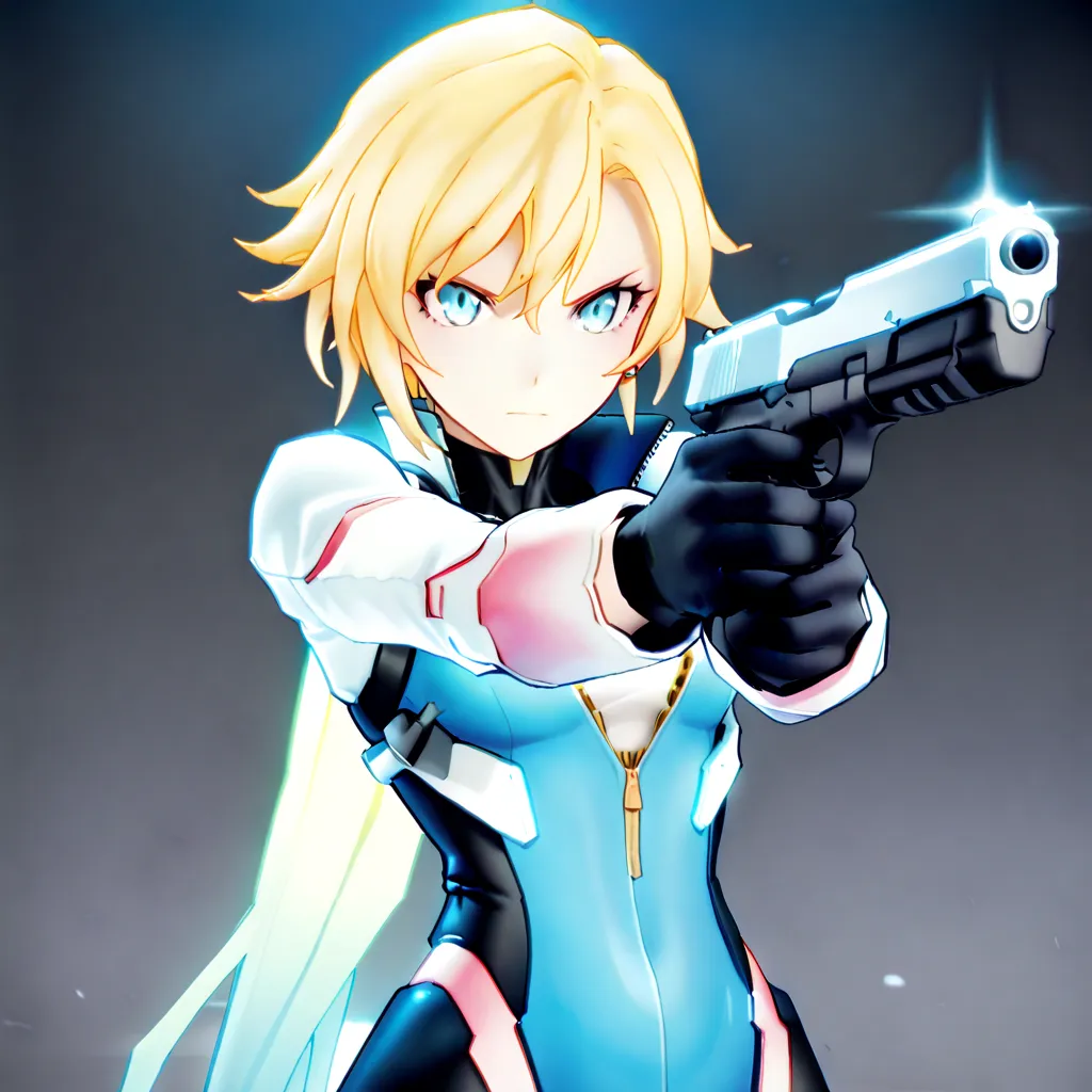 A dynamic, high-detail anime-style illustration of a confident short-haired blonde woman in a tight futuristic jumpsuit (blue, unzipped front), aiming a sleek handgun with a determined expression. Warm, glowing background with subtle particle effects. Dram...