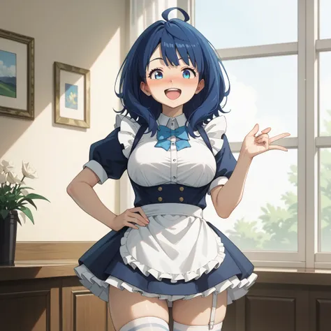 (score_9, score_8_up , score_7_up ), source_anime,((masterpiece, best quality)), 1 girl, Alone,
 large breasts,
Yanamians, medium hair, ahoge, middium breasts,blue hair,blue eyes,
viewers next to him, ,maid Uniform, , thigh high socks,
, cowboy shot ,(happ...