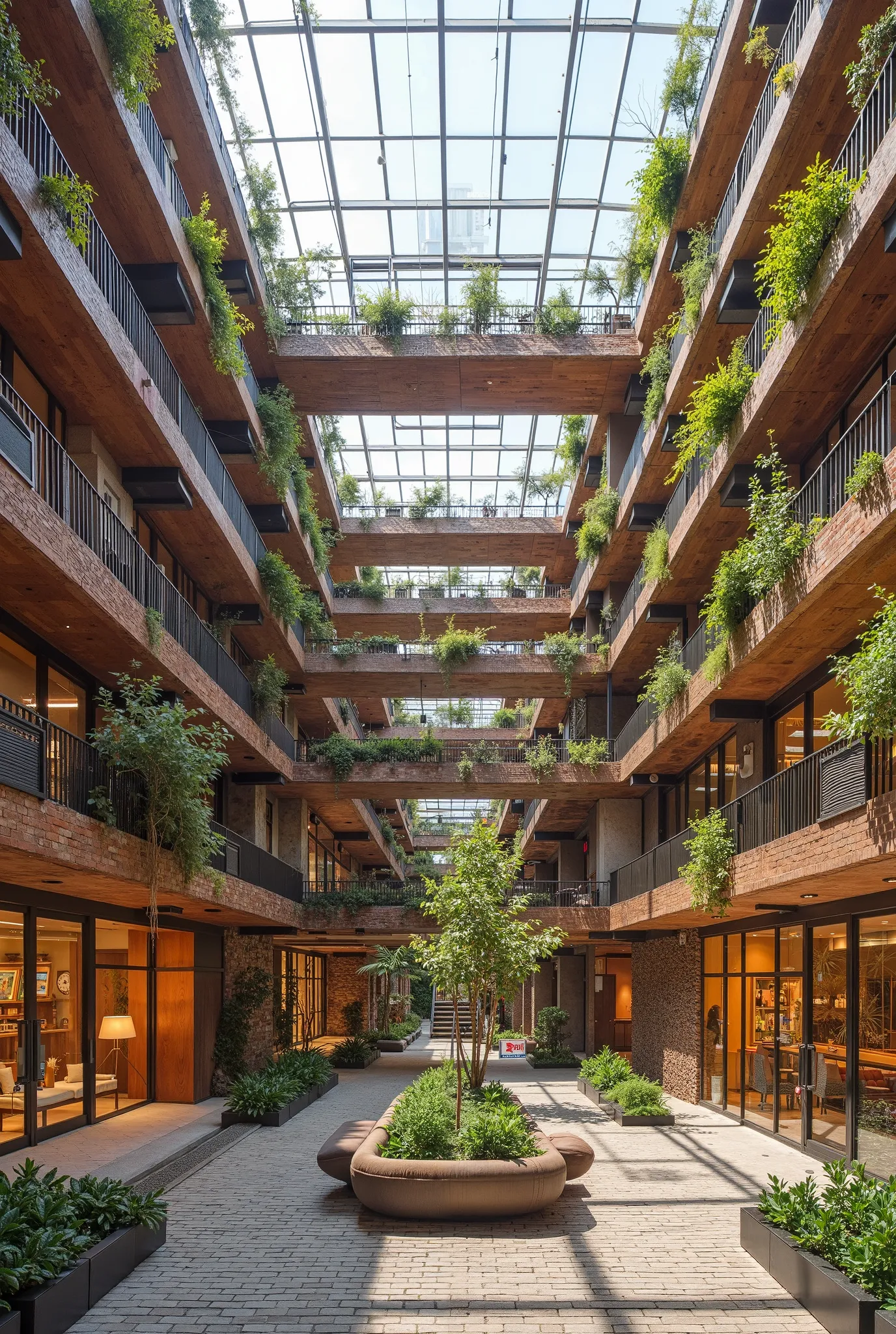 A 4-story university hostel with an asymmetrical, non-rectangular footprint. Interconnected rectangular blocks arranged at slight angles, featuring a central open-air atrium with a skylight. Ground floor has floor-to-ceiling windows for the dining hall and...