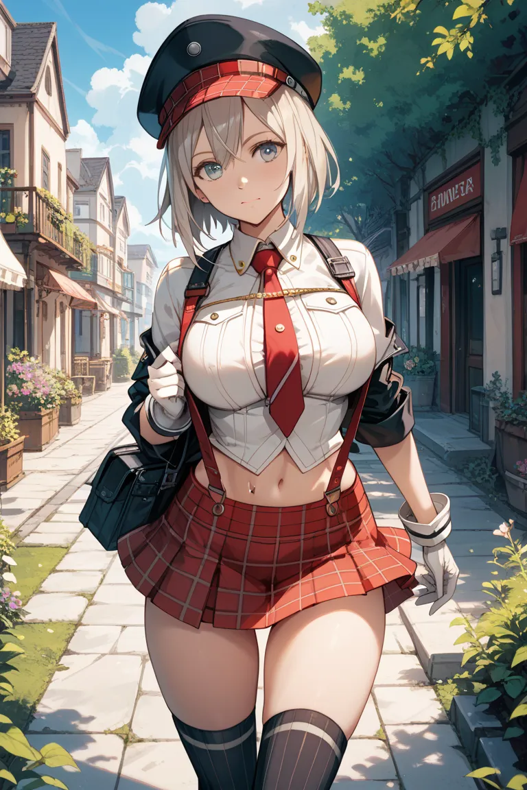 (masterpiece, best quality:1.2), cowboy shooting, Alone, 1 girl, Amiela, God Eater、Arisa, closed my mouth, watching viewers, Cabby Hat,  Open clothes,  underbob, suspenders,  plaid skirt, thigh high socks, white gloves,Outdoors,Big Breasts,I'm sweating,nsf...