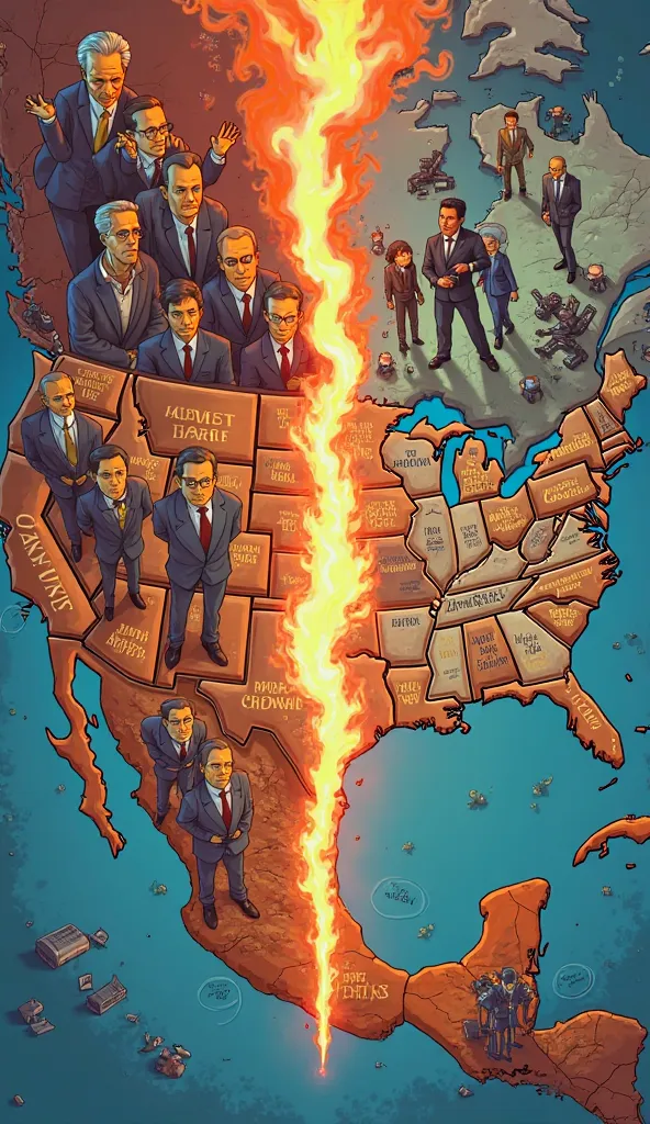  A map of EE .UU. Simpson-style divided into two parts, with fire and cracks running through the center.  On the left side , Harris on a podium with traditional politicians; To the right, Musk in a futuristic setting with robots and businessmen like Jeff B...