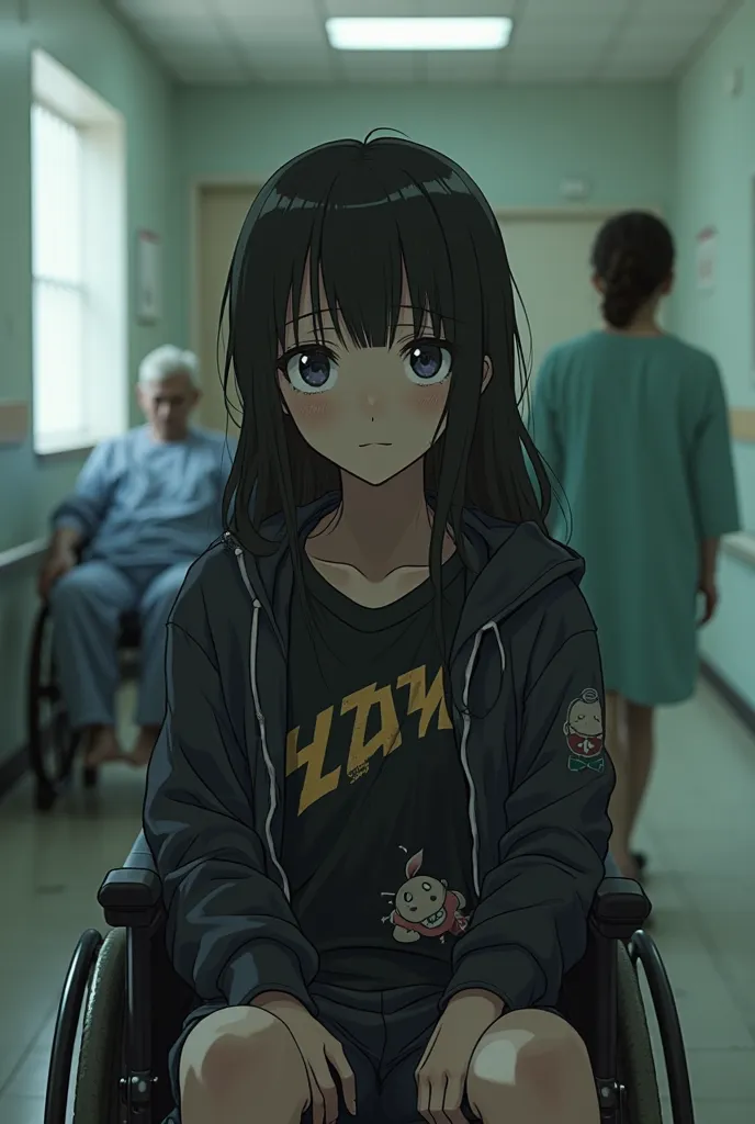 An 18-year-old girl in a wheelchair, with bulging eyes and an intense expression. Are your clothes dark, with band and anime prints. In the background, another patient also in a wheelchair,  but visibly weakened . From one day to the next, the first young ...