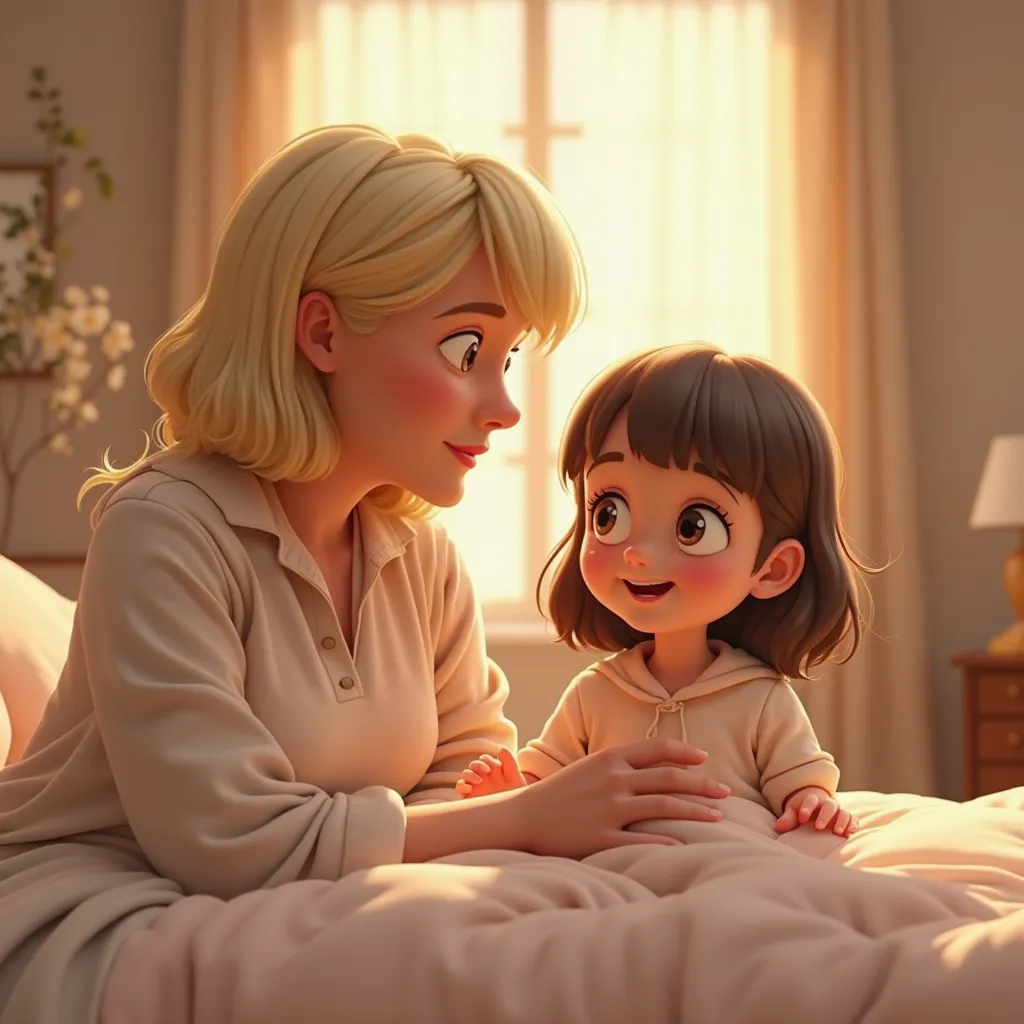 A 2- years year-old girl with shoulder-length brown hair with bangs wakes up in the morning with her mother  36 years old a blonde with shoulder-length hair.3D ANIMATED IMAGE