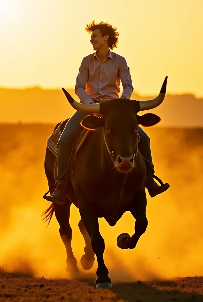 **Golden Sunset Ride**: A young  with tousled hair and a bright smile rides a massive, muscular bull across a golden field at sunset. The bull’s dark, glossy coat glistens in the warm light, and the ’s laughter echoes as they gallop freely, dust clouds ris...