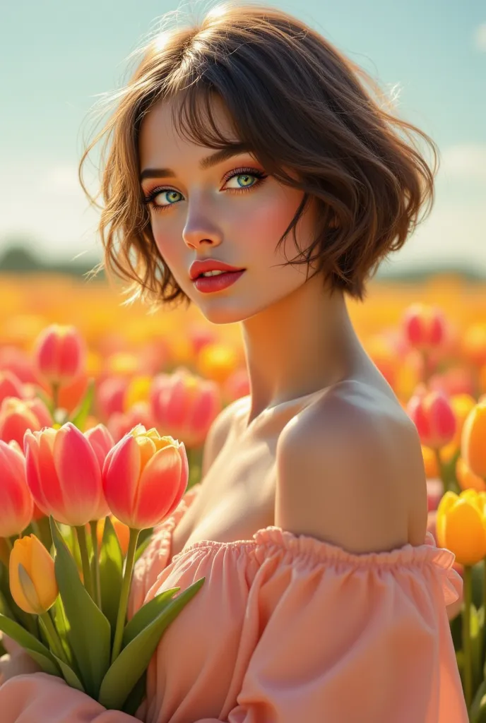 pinkfluxproultrafantasia, ((masterpiece, best quality)), a very beautiful portrait of a pretty Russian girl illustration Giving tulip flowers, she has beautiful short hair till above her shoulder, little dusky skin, pixiv illustration, masterpiece, best qu...