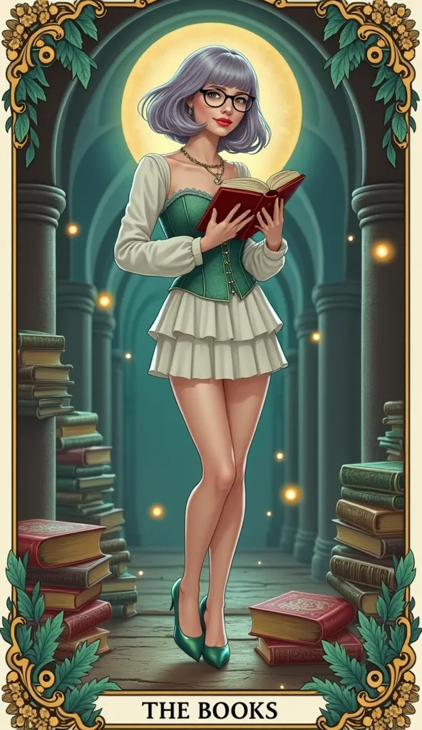 Create the tarot card the books , make a woman with short Chanel hair her hair is lilac, She wears glasses, is smiling showing her teeth, mouth with light blue lipstick she. She looks like an intelligent, she wears a corset and a white long-sleeved shirt u...