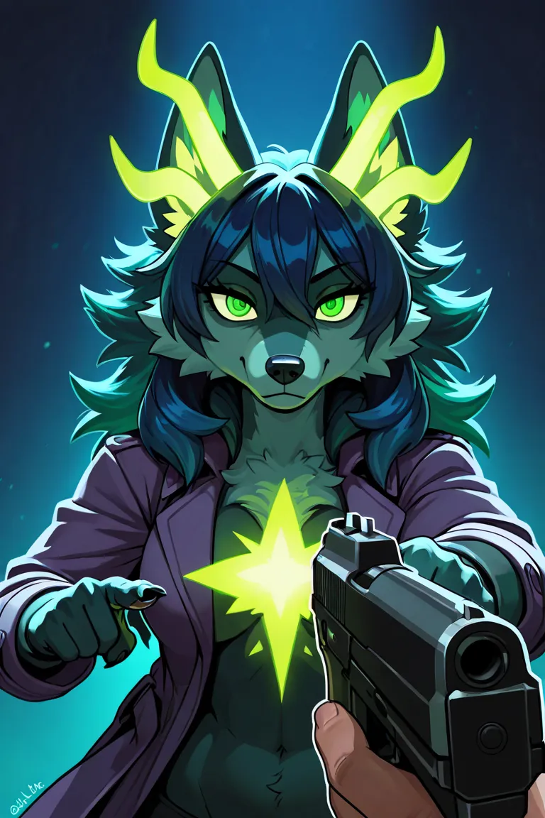 high quality, furry, dark green skin, wolf furry, female, fluffy tale, glow from chest, glowing light green horns, high details, green eyes, dark blue hair with glowing green ends, dark purple trench coat, high quality, 8K Ultra HD, crisp lines, sharp focu...