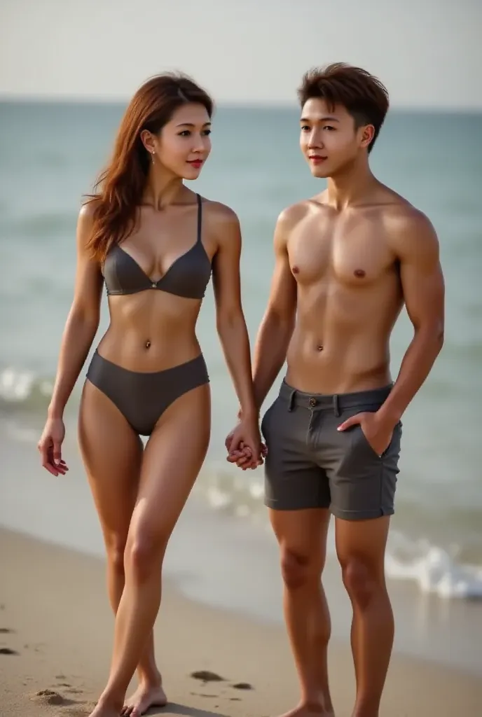 (masterpiece, best quality:1.2), highly detailed, (couple), hetero, (duo focus), 1girl, 1boy, holding hands, looking at another, beach scenery, bokeh, (depth of field:1.2), absurdres, highres, soft lighting, soft shadows, BREAK, 1girl, Lisamy, ginger, long...