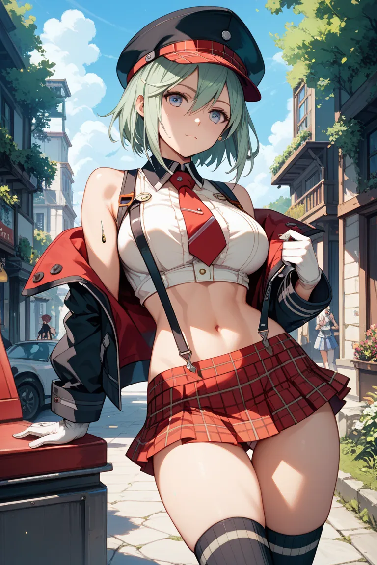 (masterpiece, best quality:1.2), cowboy shooting, Alone, 1 girl, Amiela, God Eater、Arisa, closed my mouth, watching viewers, Cabby Hat,  Open clothes,  underbob, suspenders,  plaid skirt, thigh high socks, white gloves,Outdoors,Big Breasts,I'm sweating,nsf...