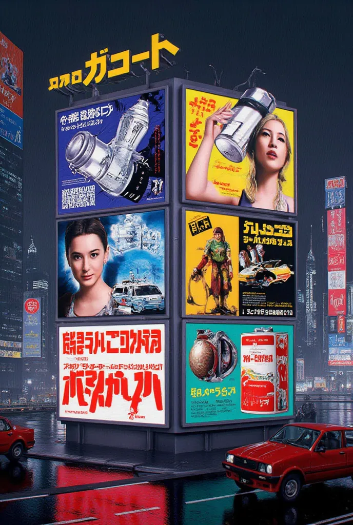 grid of poster advertisements for products that exist in a cyberpunk world