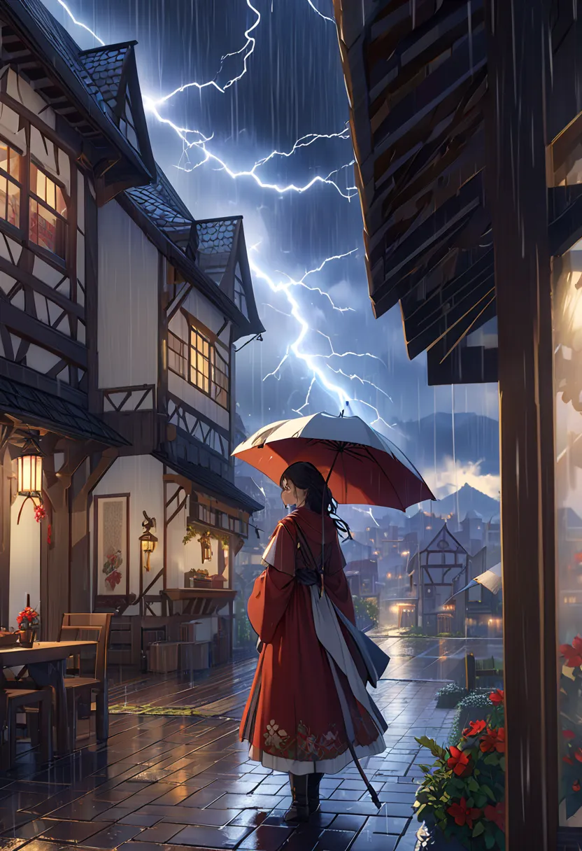 (Late Afternoon):0.9, (Strong atmosphere ):0.8, (cold):0.7, (city):1.2, (Medieval):1.1, (storm):1.4, (lightning):1.3, (rain):1.2, (霧rain):1.2, (Detail 8k):1.5.