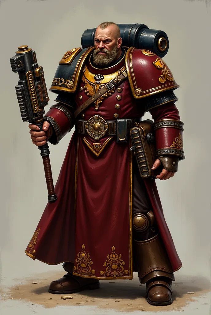 creates an image of a missionary man from the world of Warhammer 40k who is dressed in a burgundy tunic, with details in gold and the badge of the emperor god, who carries a flamethrower gun in one hand and a large volume in the other, that he is peeled an...