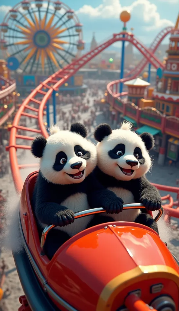 Two cartoon pandas are sitting in the front seat of a massive roller coaster at a grand amusement park. The coaster is on a steep drop, rushing down at full speed. The pandas’ expressions are a mix of excitement and slight panic as the strong wind blows th...