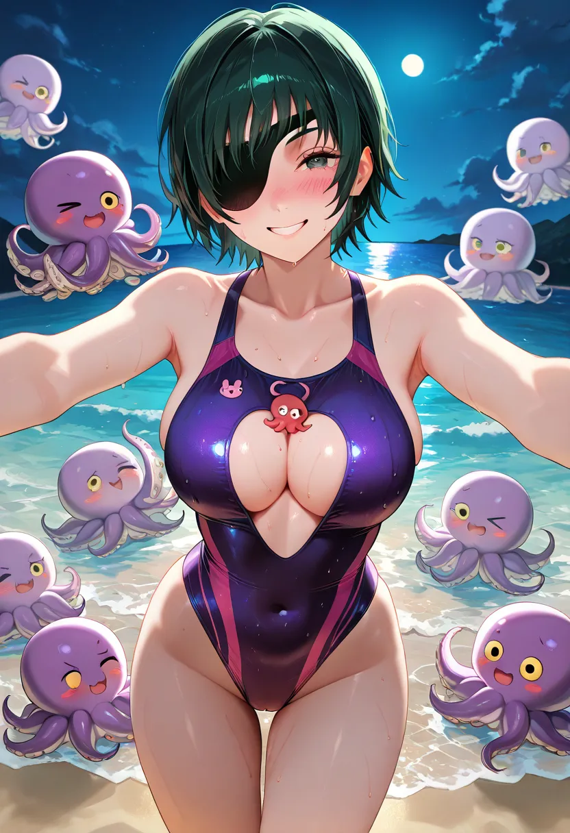 masterpiece, best quality, 8k, 8k UHD, ultra-high resolution, ultra-high definition, mature female, mature, Adult, himeno, himeno(Chainsaw Man), black hair, short hair, eyepatch, slut, pink one eye, medium breasts, octopus emblem printed purple swimsuit, s...