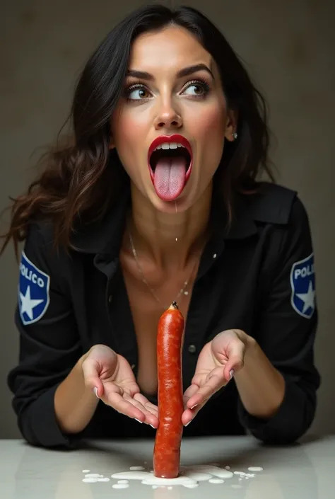 Giantess busty police woman dressed in tight clothes and her lips paiting in red and her mouth open her tongue out. She is showing her cleavege liying on the tbale. Her hands are around a tiny sausage is standing in vertical position is on the table in fro...