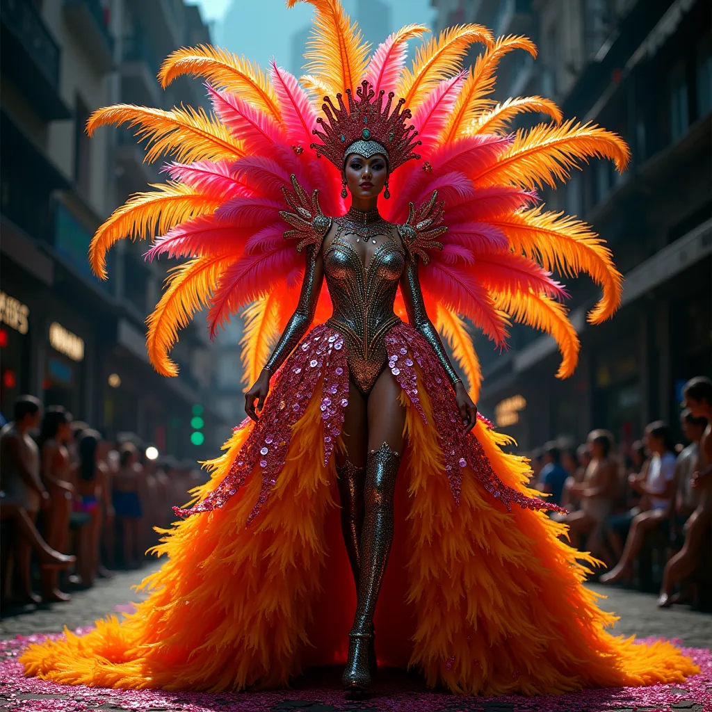 Design me a full-body and big curves Barranquilla carnival queen dress with lots of feathers and sequins in bright, bold colors 