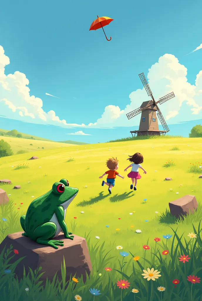 The wind is blowing, a frog sits on a stone, and a boy and a girl are running across the field after a flying umbrella. In the distance, a windmill stands against the horizon. The scene is filled with bright, vivid colors.