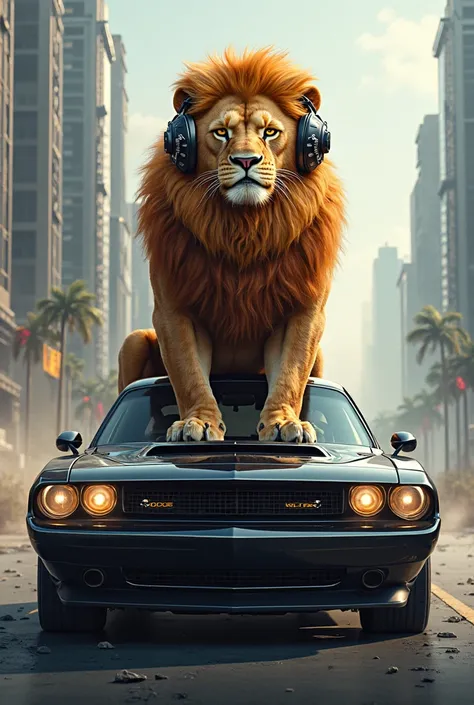 A lion wearing headphones riding a dodge