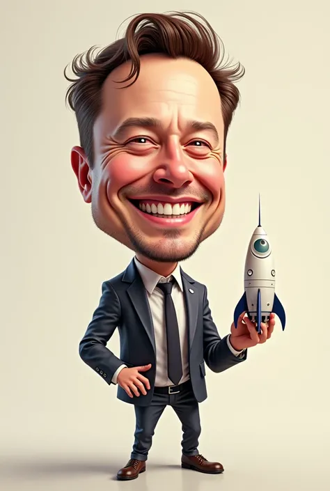 Une caricature d'Elon Musk avec une tête disproportionnée et une fusée miniature dans la main, en train de sourire avec un regard déterminé.