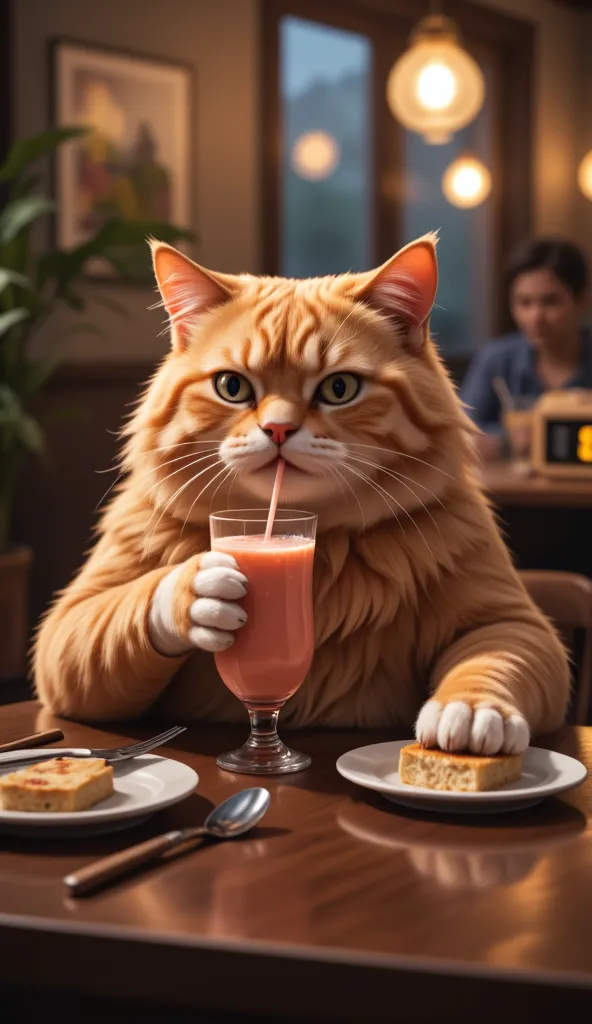 A chubby orange anthropomorphic cat sitting at a table, happily sipping a smoothie from a tall glass, empty plate with spoon and fork on it, soft warm ambient lighting, cozy relaxed atmosphere, digital clock showing 18:00, content satisfied expression, sli...