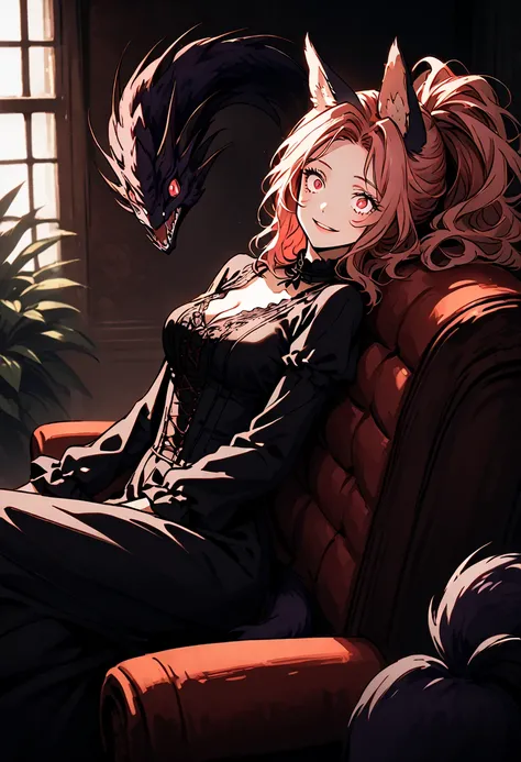 Alone, close up, female, Red Eyes, light red hair,  long wavy hair , ponytail,  straight and straight hair , ManticoreMGE, monster girl ,  prehensile tail  , animal ears, for the, basic, claws, Victorian, Young, sitting on the couch, olhando for the espect...