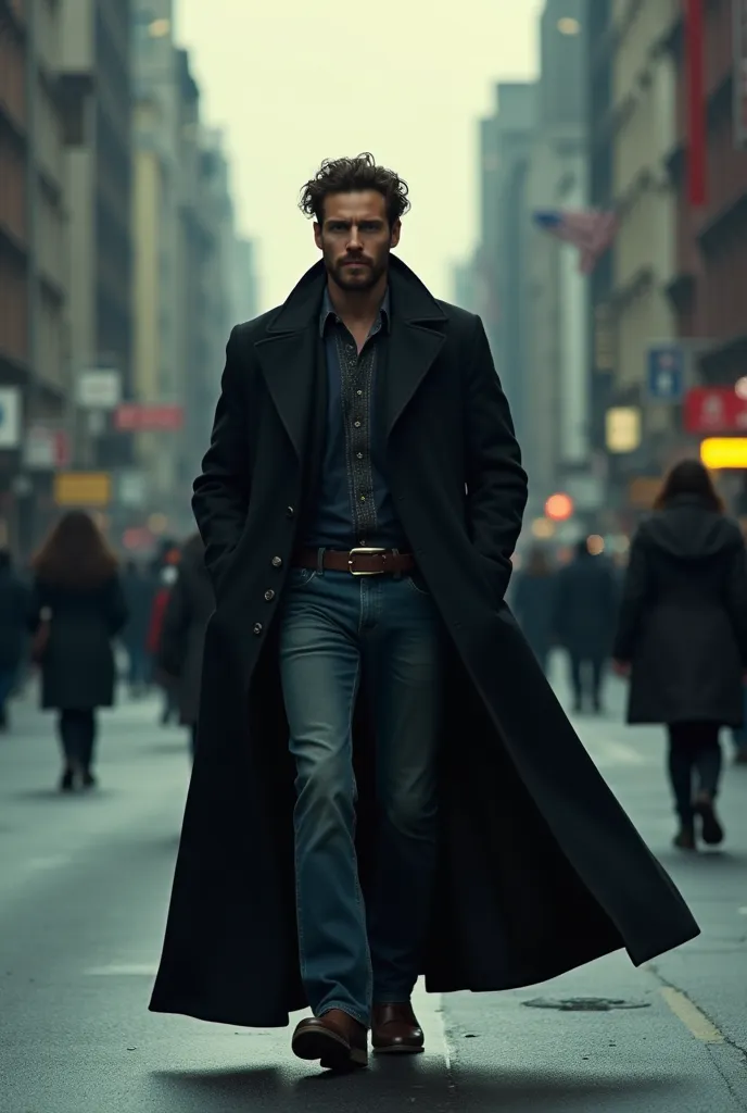 I want a photograph of a 33-year-old Western boy walking down the street leaving his friends behind; the boy must have a long black coat. 