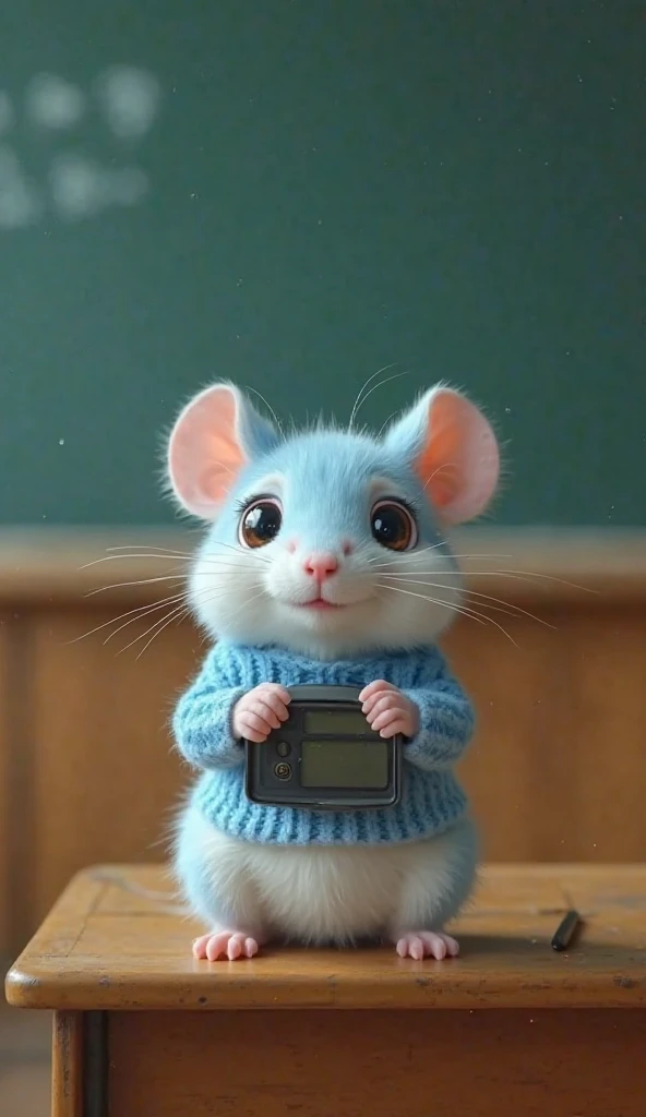  Fantastic　realistic footage　Japan Elementary School　classroom　 blackboard 　machine　sitting on a chair　Cute fuzzy light blue little mouse with wide eyes　