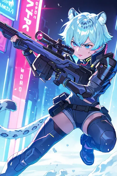 Blue-haired anime boy, with blue snow leopard ears, and a blue snow leopard cat tail in light cyberpunk armor,  Paren,  male,  Anime style. 18 years old, a femboy. with a cyberpunk sniper rifle