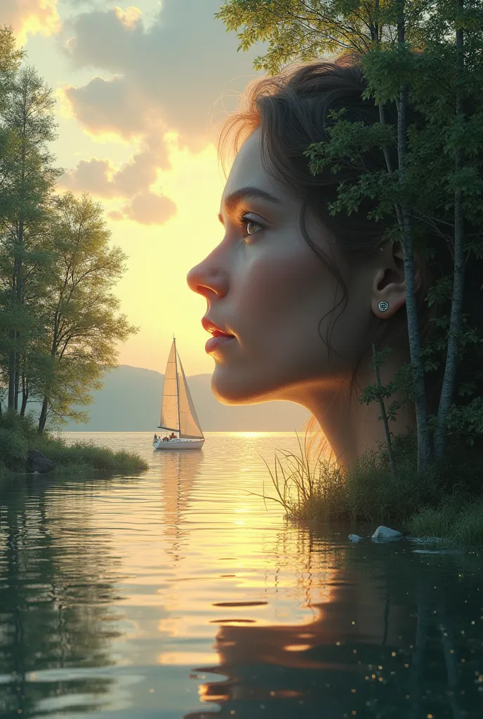 A serene landscape featuring the silhouette of a woman's face merged with a tranquil lakeside scene at sunset. In the background, tall trees frame the image, while a sailboat glides across the calm water, reflecting the soft hues of the sky. The woman's pr...