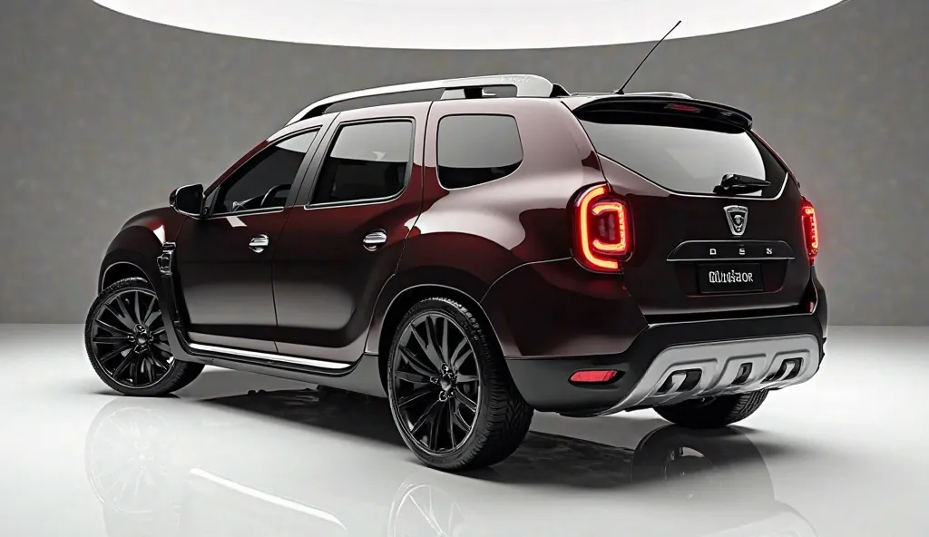 create an ultra-detailed 3D render full back view 
side  , of a modern  " 2025 Dacia Duster, -  A bold designy  looking long like limousine captured from  full back view 
 side  .The car should feature a 'Gleamy oily black ' color and black accents with a ...