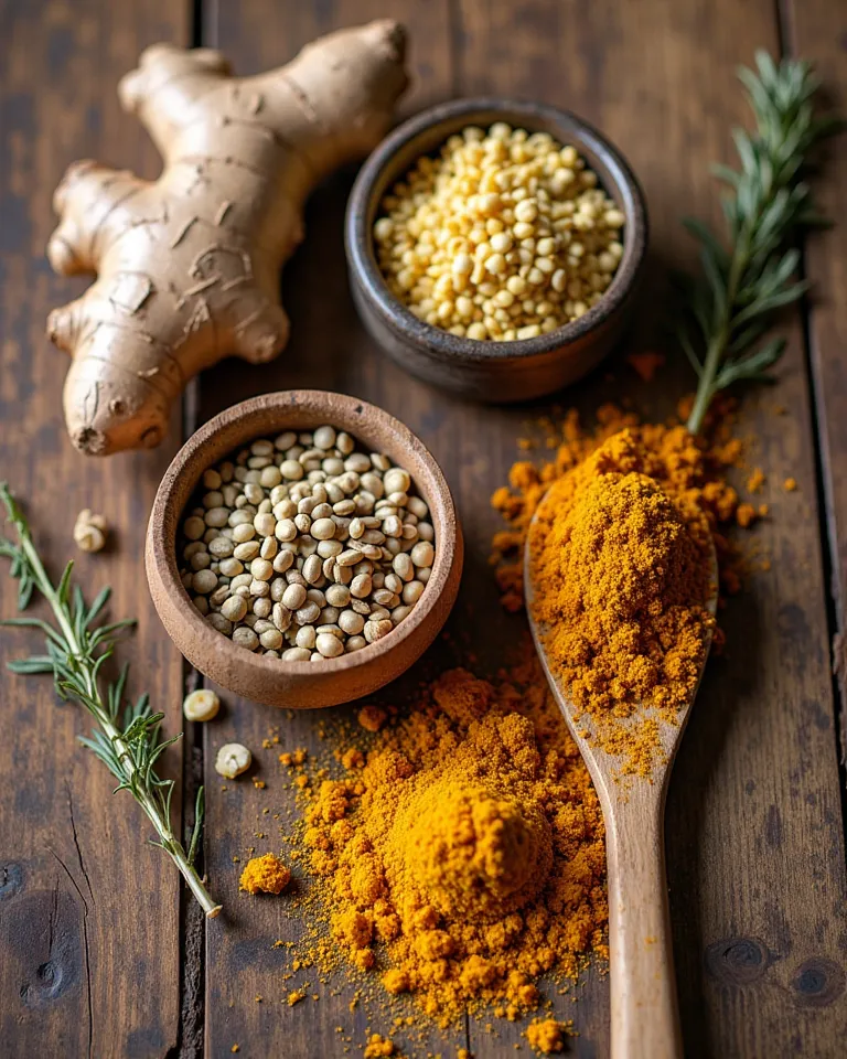 A top-down view of a rustic wooden table displaying three key spices for seasonal transition: fresh ginger root, a small bowl of fennel seeds, and vibrant turmeric powder. A wooden spoon rests beside the spices, with a few dried herbs scattered around. The...